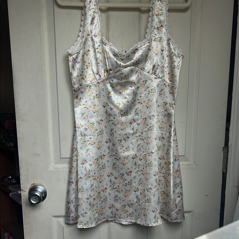 Floral Lace-Trimmed Satin Dress